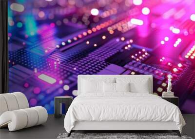 Abstract image of a glowing microchip circuit board with vibrant, colorful lights, representing modern technology and digital innovation. Wall mural