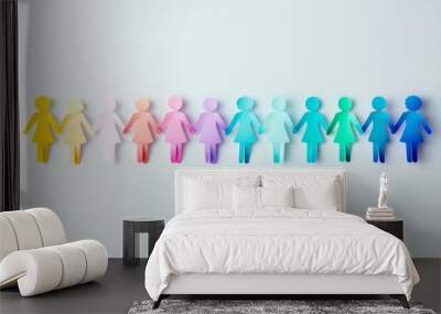 Colorful paper doll chain representing unity and diversity. Cutout figures holding hands in a row on a light background. Wall mural