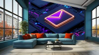 Futuristic email icon on a circuit board with vibrant purple and blue lighting, abstract tech background. Wall mural