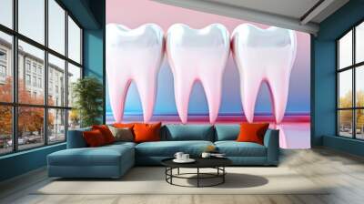 Three white realistic tooth models displayed in a gradient background, representing dental health, oral care, and clean teeth. Wall mural