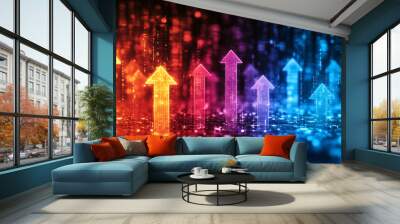 Vibrant arrows representing growth and progress, ideal for business and technology concepts with a colorful digital background. Wall mural