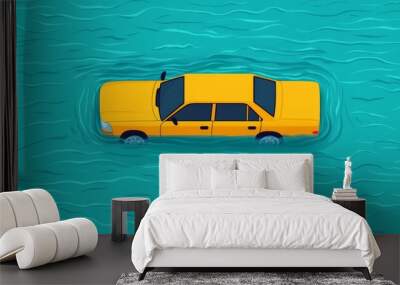 Yellow car floating on floodwater, illustrating a surreal and imaginative concept of transportation and nature. Wall mural