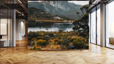 there is a lake in the middle of a grassy area with mountains in the background Wall mural