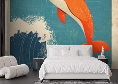 A 1960 poster flat design minimalism italian style a super cute orange narwhal surfing a blue wave Wall mural