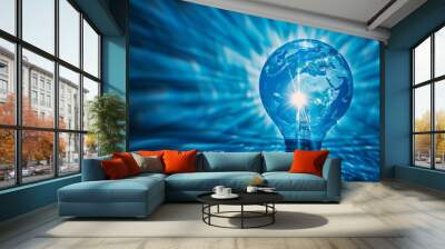 A blue light bulb with the world inside glowing, radiating beams of energy on an abstract background, generated with AI Wall mural