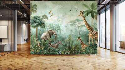 A jungle wall mural with animals, giraffes and elephants in the foreground, palm trees, zebras at the bottom Wall mural