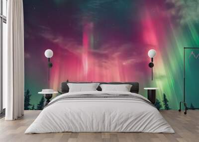 A pink and green aurora display lights up the sky over the silhouette of trees, night photography, ultra realistic, wide angle lens, generated with ai Wall mural