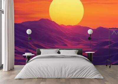 A wide open desert with dunes forming soft low poly geometric shapes a blazing sun setting on the horizon  Wall mural