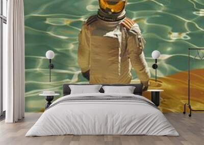 An astronaut walks along a gold swimming pool, generated with AI Wall mural