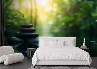 Bamboo and zen stones background with copy space for a spa, wellness or healthy lifestyle concept. Wall mural