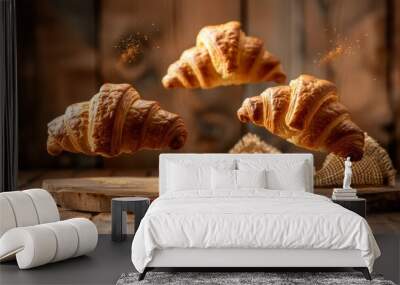 Croissants that fresh and delicious falling in the air isolated on background, breakfast time, popular plain croissant breads., generated with ai Wall mural