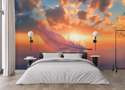 Feather floating in the wind a warn summer day at sunrise , generated with ai Wall mural