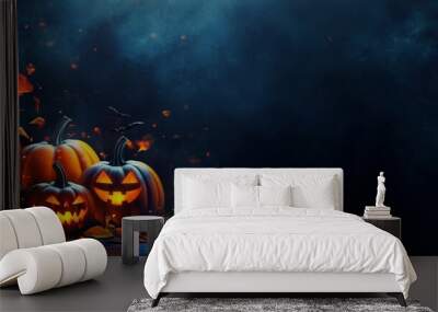 Halloween pumpkins and spooky decorations on a dark background with copy space for your text message or promotional banner in a photorealistic style Wall mural