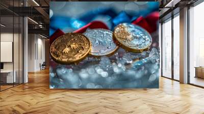 Perspective view photography, 3 olympic medals with blue white red ribbon on glossy ice Wall mural