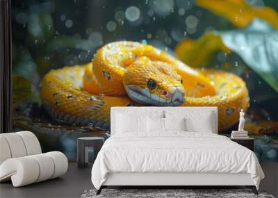 Photo of a yellow snake, crawling and sneaking in a jungle, volumetric exposure, generated with AI Wall mural