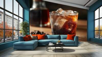 Photography of iced Americano in a stylish visible ice dark espresso light on an elegant natural light showcasing cool and premium coffee roasted coffee beans beside, generated with AI Wall mural