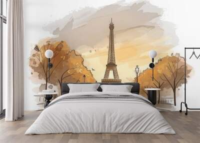 Simple watercolor painting of the tour eiffel light yellow and beige tones, generated with AI Wall mural