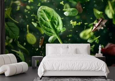 Spinach leaves, rocket leaves, and mix green and red salads leaves floating in the air, bio background, banner for website, generated with AI Wall mural