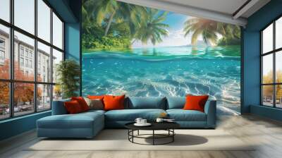 Travel ad image super realistic photo like image, palms and sand and cristal clear water view under water and above water, generated with AI Wall mural