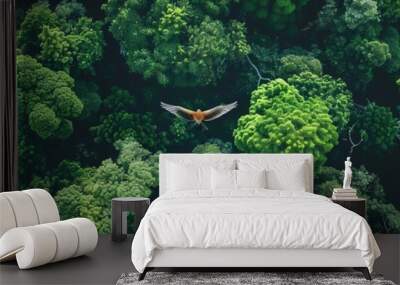 Tropical bird flying over tree top canopy birds eye view cool color pallette, generated with AI Wall mural