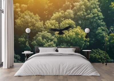 Tropical bird flying over tree top canopy birds eye view cool color pallette, generated with AI Wall mural