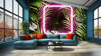 Neon frame template among tropical jungle foliage. 3D render. 3D illustration. Wall mural