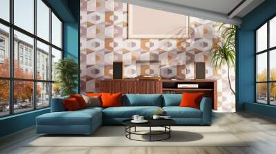 Retro style living room with hi-fi audio turntable. Colorful patterns and furniture. 3D render. 3D illustration. Wall mural