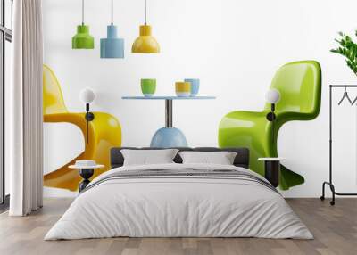 Set of modern interior design elements VOL. 2. Colorful furniture isolated on transparent background. 3D render. Wall mural