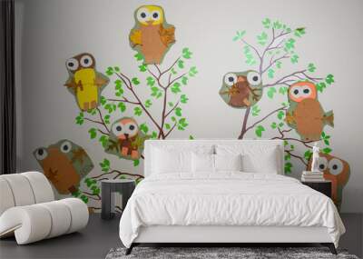 hoot owl drawing by young children art class Wall mural