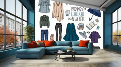 Vector illustration of packing for London in winter. Sketch of clothes and accessories for design. Female fashion collection set. Winter travel luggage. Wall mural