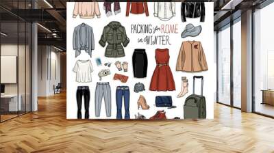 vector illustration of packing for rome in winter. sketch of clothes and accessories for design. fem Wall mural