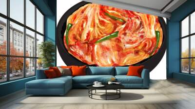 Vector drawing, kimchi, Chinese cabbage, spring onions, vegetables, pickled vegetables, Korean kimchi, Korean food, bowl black Wall mural