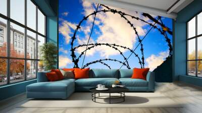 Barbed wire against the sky with clouds Wall mural