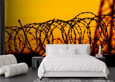 barbed wire on the fence against the backdrop of the sunset. Wall mural