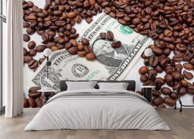 Coffee grains with dollar on a white background. Wall mural