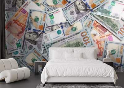 Dollars and Russian rubles on the table as background Wall mural