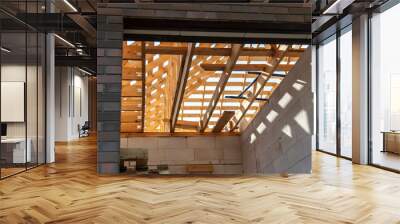 Wooden roof at a cottage construction site Wall mural