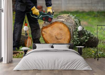 A man in uniform cuts an old tree in the yard with an electric saw Wall mural