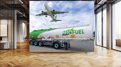 Airplane and biofuel tank trailer. Decarbonization concept Wall mural