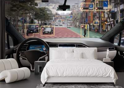 Autonomous car with HUD (Head Up Display). Self-driving vehicle on city street Wall mural