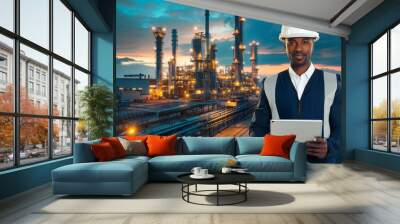 Black engineer with tablet computer on a background of gas plant Wall mural