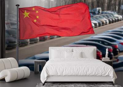 Chinese flag on a background of a lot of cars. Wall mural