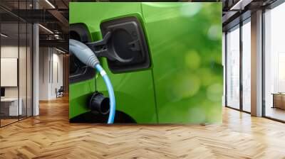 Close up of electric car inlet with a connected charging cable on a green background	 Wall mural