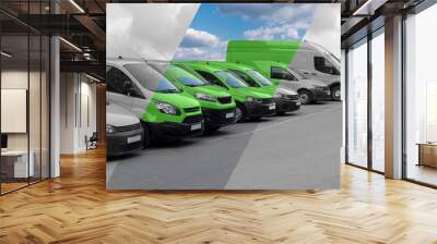 Delivery vans in a row. The band makes them green. Clean transportation concept Wall mural