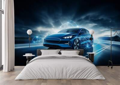 Electric car with lightning from wheels on the road at night. Electricity power symbol Wall mural