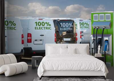 Electric vehicles charging station on a background of a row of vans. Green transportation concept	
 Wall mural