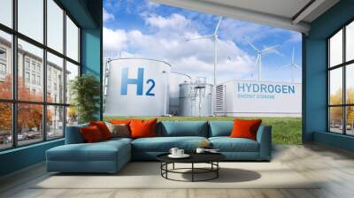 Green hydrogen factory and energy storage concept. Hydrogen production from renewable energy sources. Wall mural