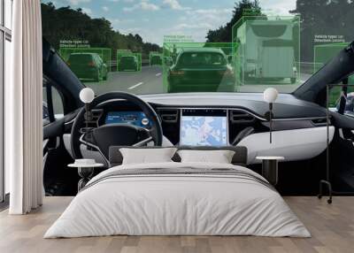 Self driving car on a road. Autonomous vehicle. Inside view.	 Wall mural