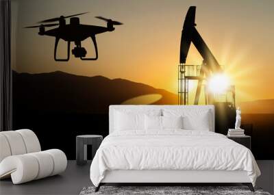 Silhouettes of drone and oil rigs	 Wall mural