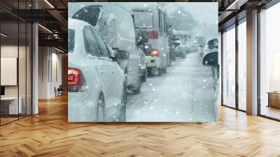 Traffic jam on a city street in winter	 Wall mural